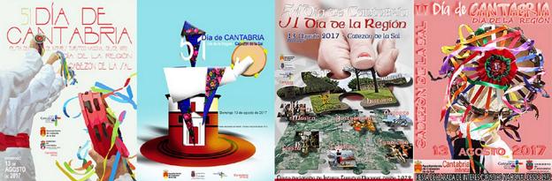 Los cuatro carteles finalistas del concurso de carteles del Día de Cantabria. El tercero por la izquierda es el trabajo ganador. :