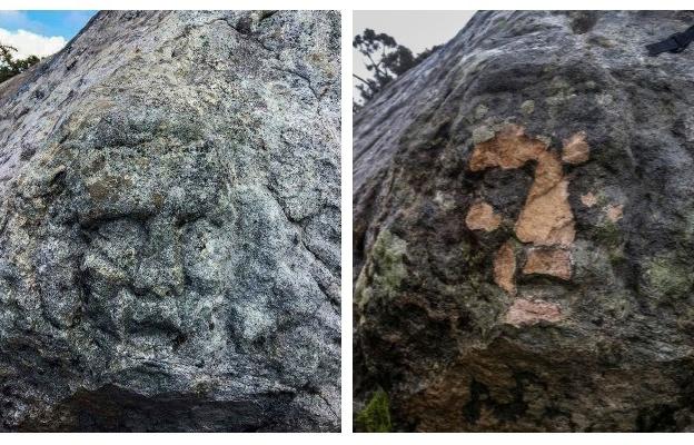 En la imagen de la izquierda se puede apreciar el aspecto original de una de las tres piedras ubicada en lo alto del monte Dobra y que desde hace años se ha convertido en uno de los símbolos de este espacio natural. A la derecha, tal y cómo ha aparecido estos días, desfigurada tras recibir la visita de unos vándalos. Parte de la superficie de la roca ha sido arrancada con la ayuda de algún objeto punzante hasta el punto de que ahora apenas se reconoce la obra. /DM .
