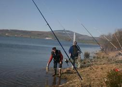 Un grupo de pescadores de carpa, en una orilla del pantano. A la derecha, una pescadora muestra su captura. / JOSÉ LUIS SARDINA/