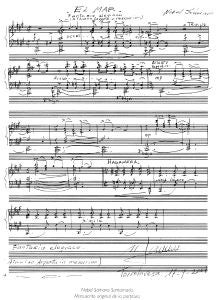 Partitura de la obra 'El mar, fantasía elegiaca', de Nobel Sámano, dedicada a Argenta./