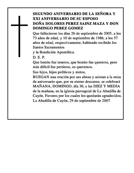 DOÑA DOLORES PEREZ SAINZ MAZA y DON DOMINGO PEREZ GOMEZ