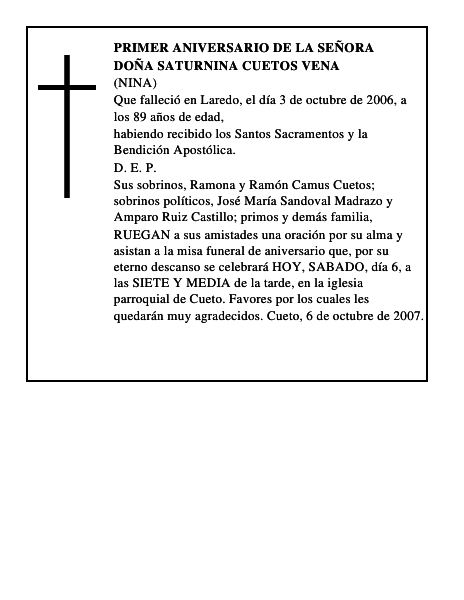 DOÑA SATURNINA CUETOS VENA