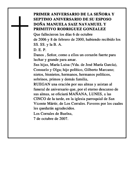 DOÑA MANUELA SAIZ NAVAMUEL y PRIMITIVO RODRIGUEZ GONZALEZ