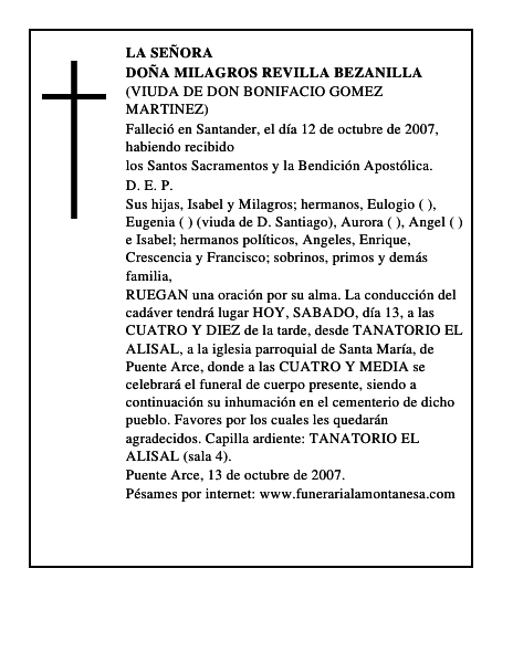 DOÑA MILAGROS REVILLA BEZANILLA