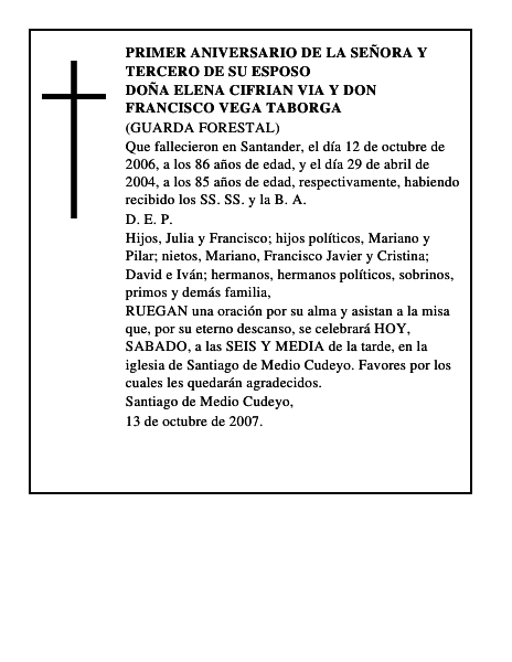 DOÑA ELENA CIFRIAN VIA y DON FRANCISCO VEGA TABORGA