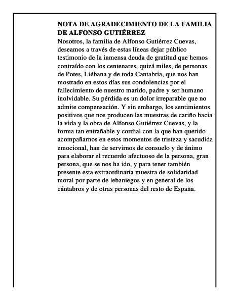 NOTA DE AGRADECIMIENTO DE LA FAMILIA DE ALFONSO GUTIÉRREZ