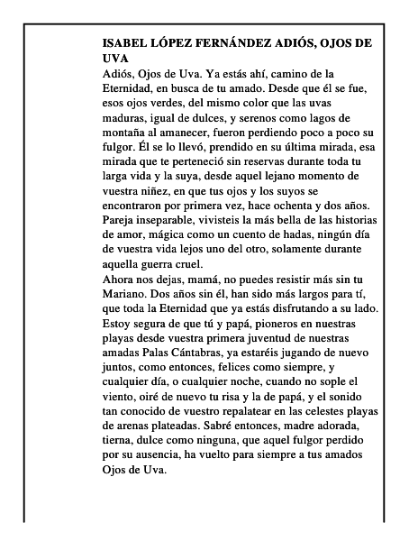 Isabel López Fernández Adiós, ojos de uva