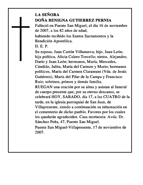 DOÑA BENIGNA GUTIERREZ PERNIA