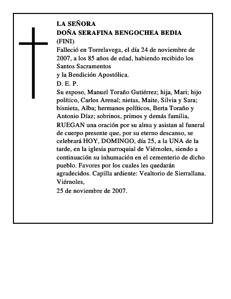 DOÑA SERAFINA BENGOCHEA BEDIA