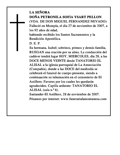 DOÑA PETRONILA SOFIA YSART PELLON