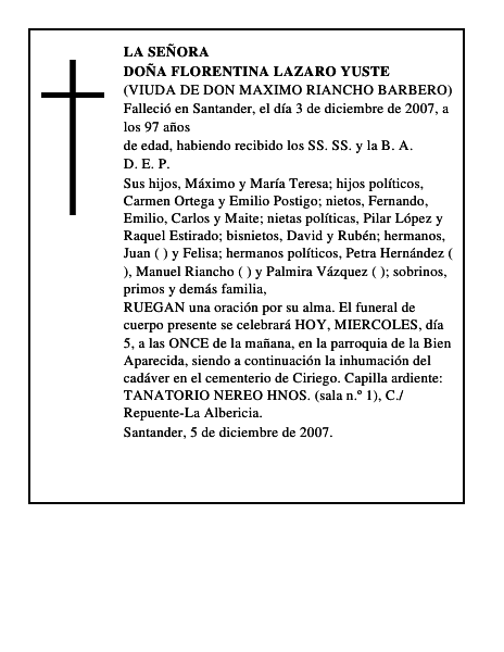 DOÑA FLORENTINA LAZARO YUSTE