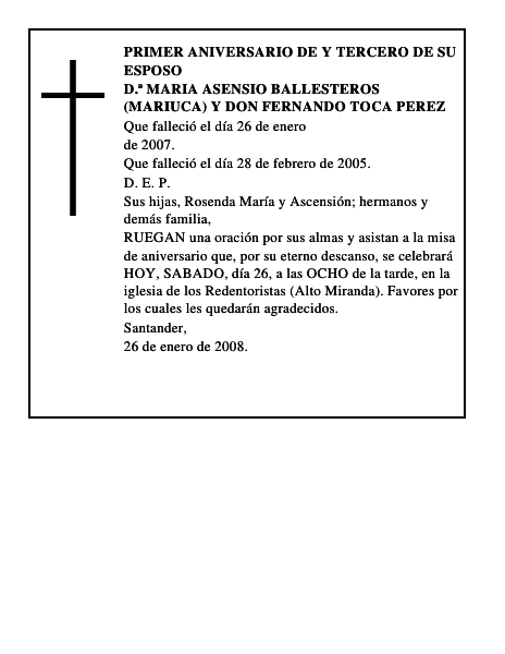 D.ª MARIA ASENSIO BALLESTEROS (MARIUCA) Y DON FERNANDO TOCA PEREZ