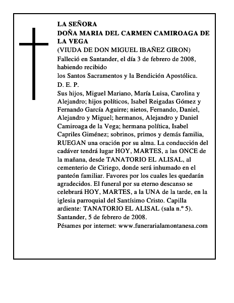 DOÑA MARIA DEL CARMEN CAMIROAGA DE LA VEGA