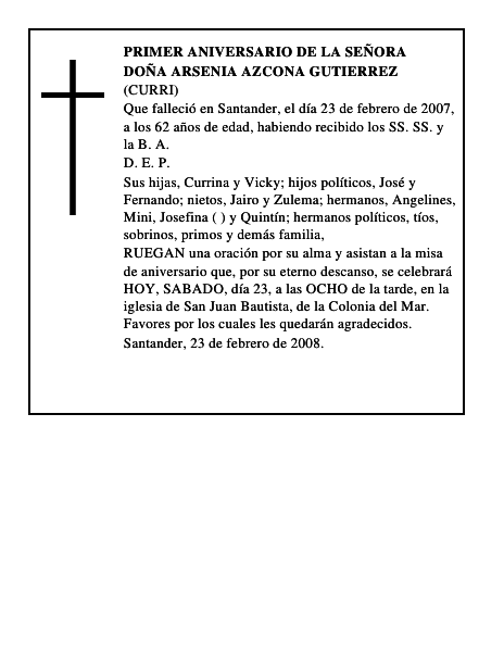 DOÑA ARSENIA AZCONA GUTIERREZ