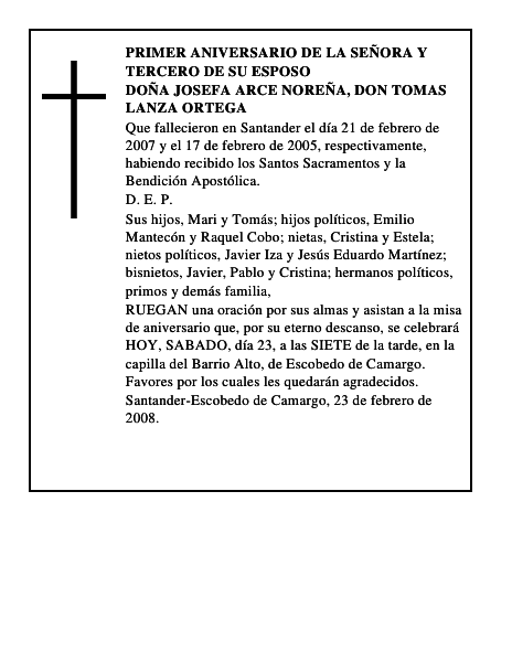 DOÑA JOSEFA ARCE NOREÑA, DON TOMAS LANZA ORTEGA