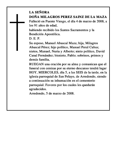 DOÑA MILAGROS PEREZ SAINZ DE LA MAZA