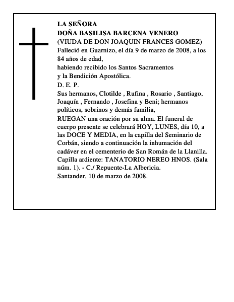 DOÑA BASILISA BARCENA VENERO