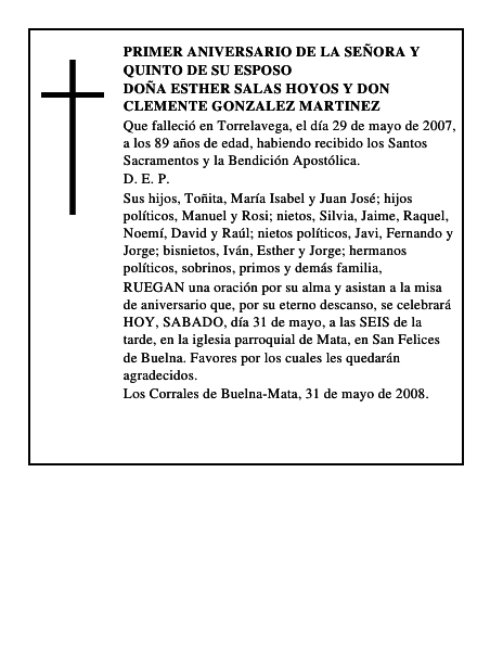 DOÑA ESTHER SALAS HOYOS y DON CLEMENTE GONZALEZ MARTINEZ