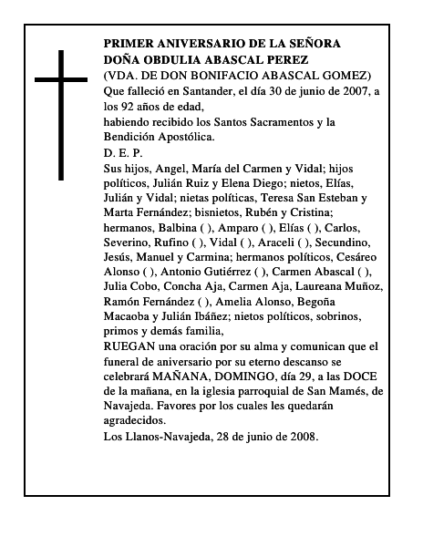 DOÑA OBDULIA ABASCAL PEREZ