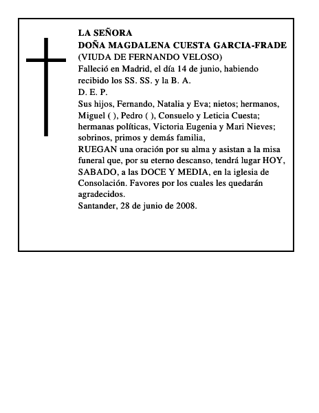 DOÑA MAGDALENA CUESTA GARCIA-FRADE