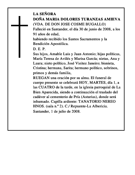 DOÑA MARIA DOLORES TURANZAS AMIEVA