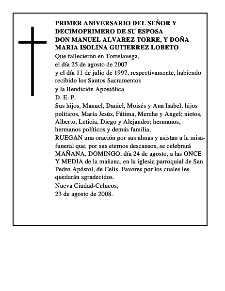 DON MANUEL ALVAREZ TORRE, Y DOÑA MARIA ISOLINA GUTIERREZ LOBETO