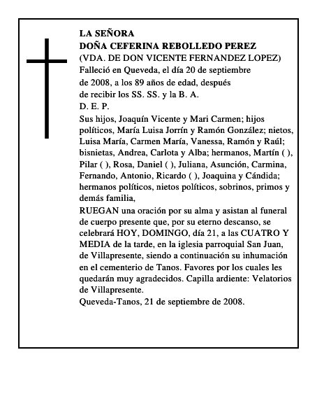 DOÑA CEFERINA REBOLLEDO PEREZ