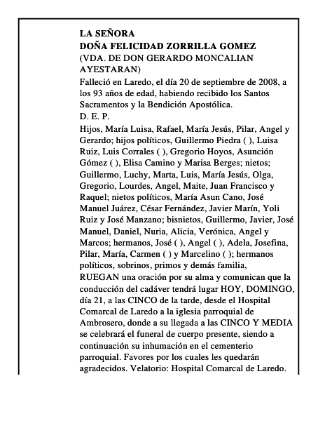 DOÑA FELICIDAD ZORRILLA GOMEZ