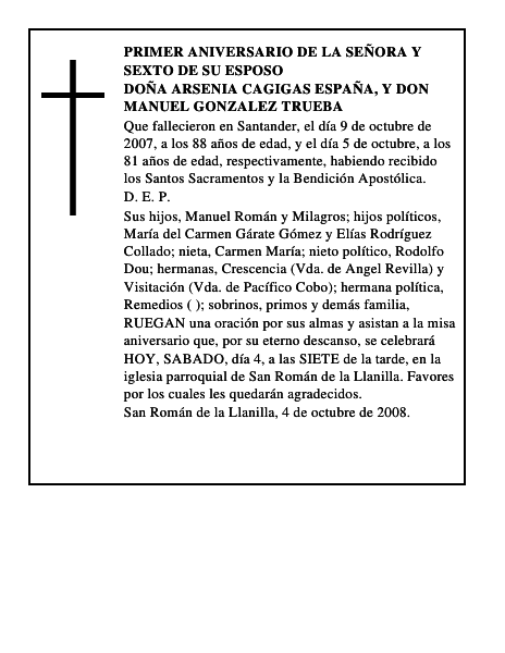 DOÑA ARSENIA CAGIGAS ESPAÑA, Y DON MANUEL GONZALEZ TRUEBA