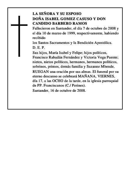 DOÑA ISABEL GOMEZ CASUSO Y DON CANDIDO BARBERO RAMOS