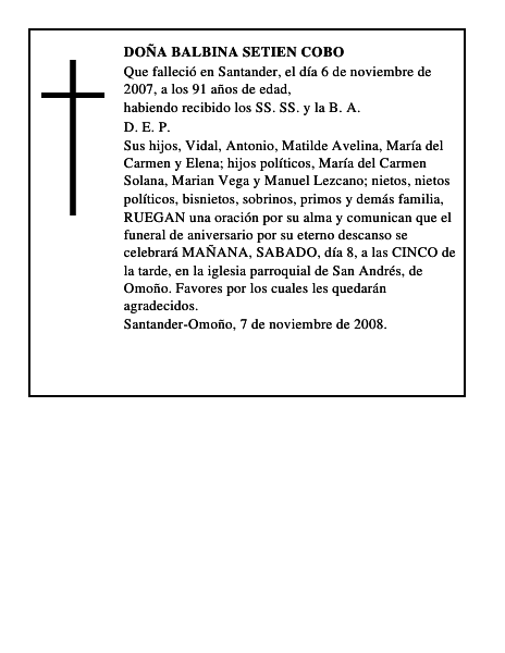 DOÑA BALBINA SETIEN COBO
