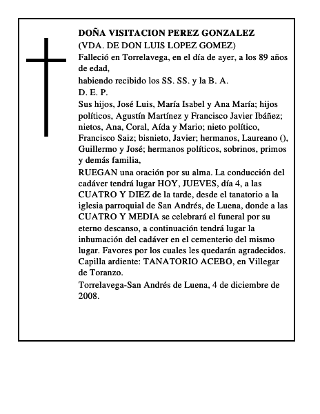 DOÑA VISITACION PEREZ GONZALEZ
