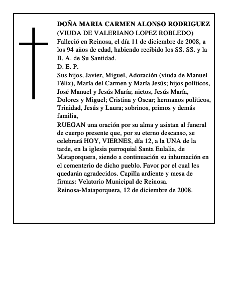 DOÑA MARIA CARMEN ALONSO RODRIGUEZ