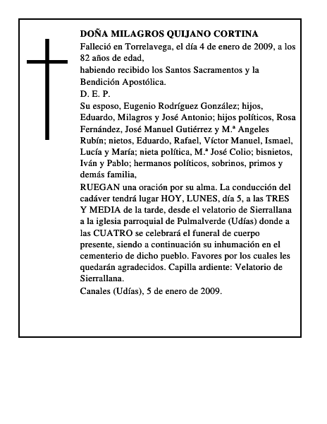 DOÑA MILAGROS QUIJANO CORTINA