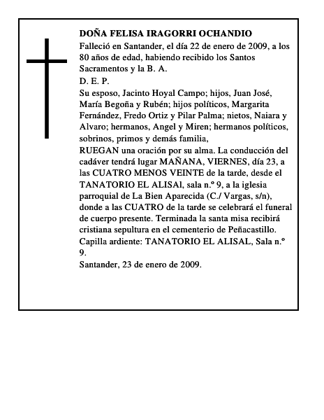 DOÑA FELISA IRAGORRI OCHANDIO