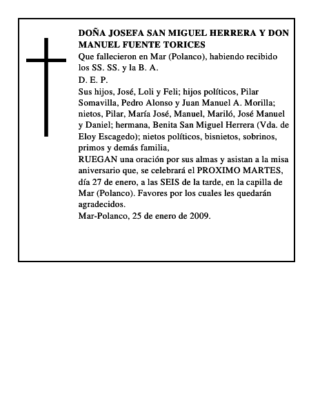 DOÑA JOSEFA SAN MIGUEL HERRERA Y DON MANUEL FUENTE TORICES