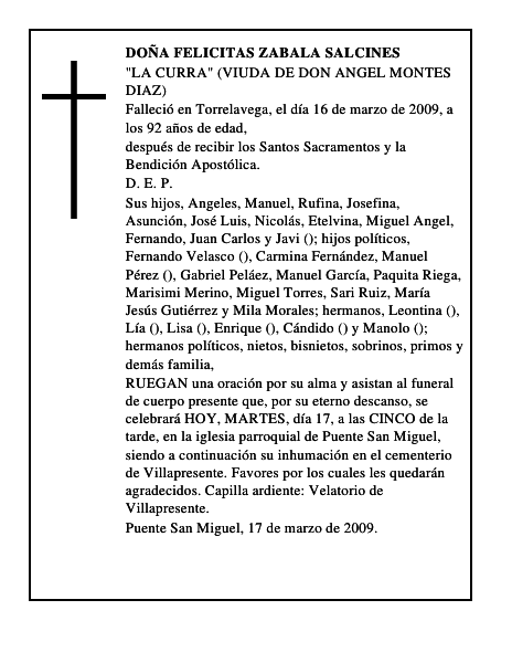 DOÑA FELICITAS ZABALA SALCINES