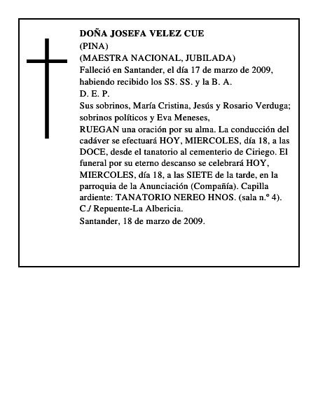 DOÑA JOSEFA VELEZ CUE