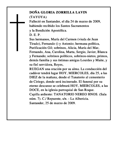 DOÑA GLORIA ZORRILLA LAVIN