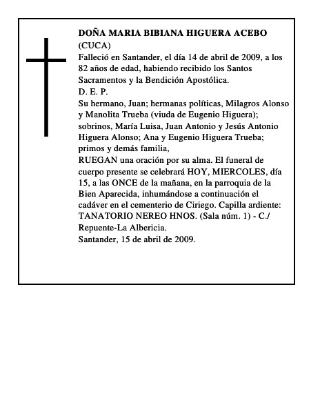 DOÑA MARIA BIBIANA HIGUERA ACEBO