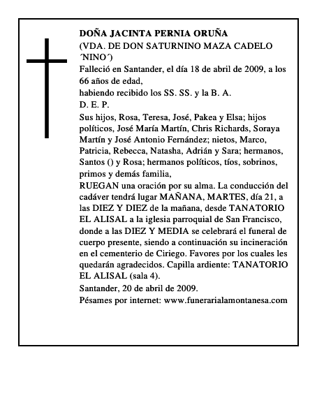 DOÑA JACINTA PERNIA ORUÑA