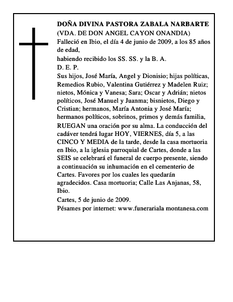 DOÑA DIVINA PASTORA ZABALA NARBARTE