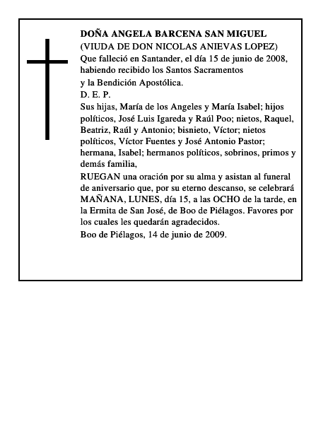 DOÑA ANGELA BARCENA SAN MIGUEL