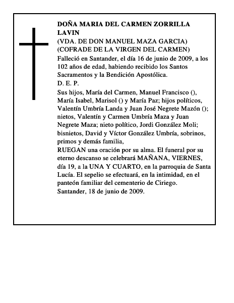 DOÑA MARIA DEL CARMEN ZORRILLA LAVIN
