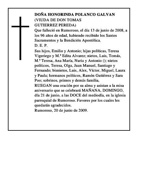 DOÑA HONORINDA POLANCO GALVAN