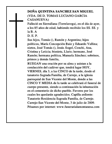 DOÑA QUINTINA SANCHEZ SAN MIGUEL