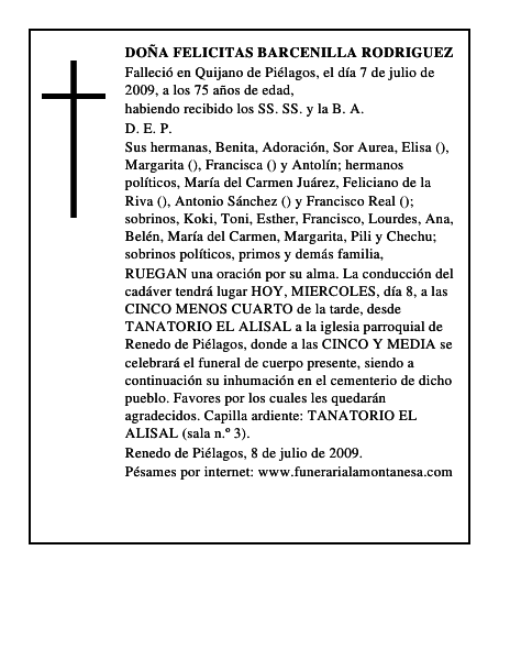 DOÑA FELICITAS BARCENILLA RODRIGUEZ