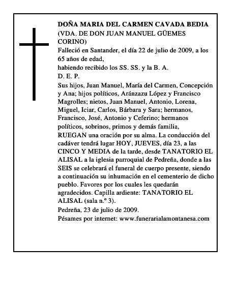 DOÑA MARIA DEL CARMEN CAVADA BEDIA