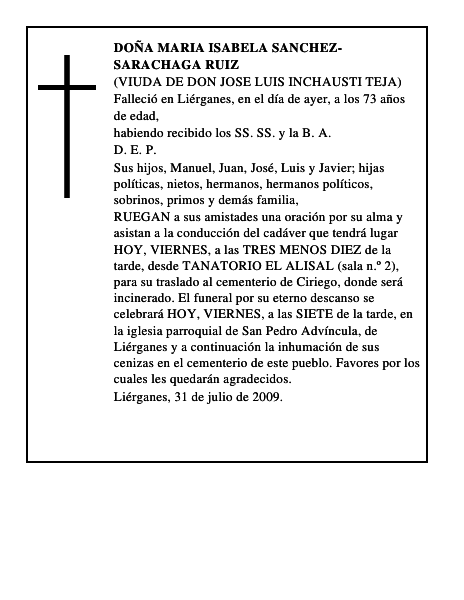 DOÑA MARIA ISABELA SANCHEZ-SARACHAGA RUIZ