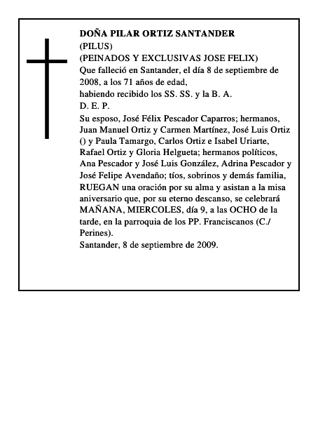 DOÑA PILAR ORTIZ SANTANDER